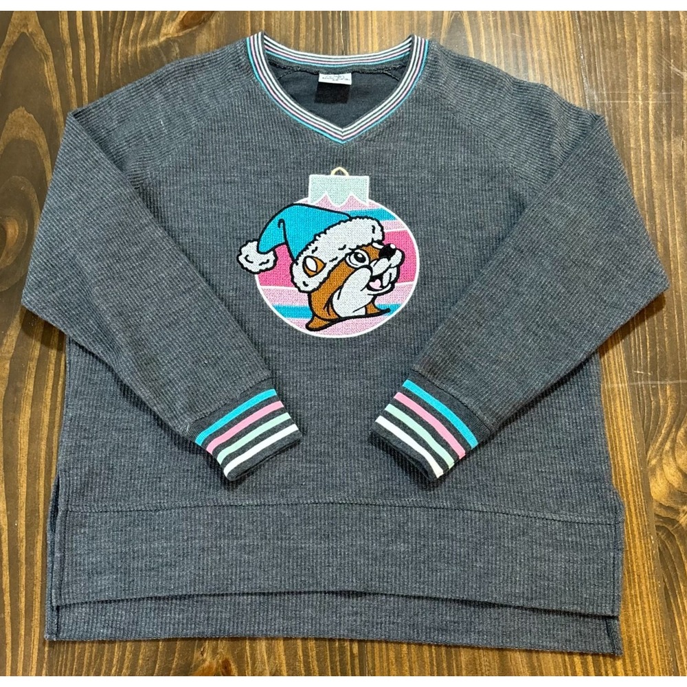 BUC-EE'S Sweater Womens XS Gray Ribbed V Neck Holiday Beaver Graphic - Picture 2 of 10
